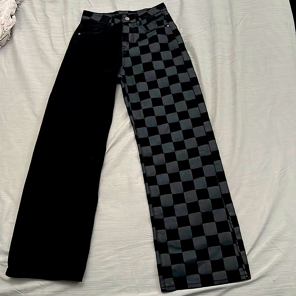 Wide leg straight leg jeans from Shein. half black half black and grey checkered